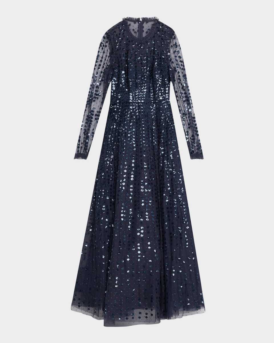 Raindrop Sheer-Sleeve Sequin Ankle Gown
